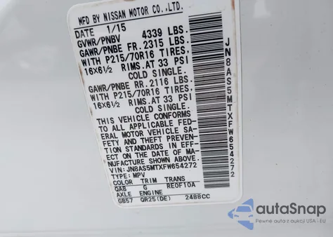 2015 Nissan Rogue Select S z USA, uszkodzony, nr VIN JN8AS5MTXFW654272